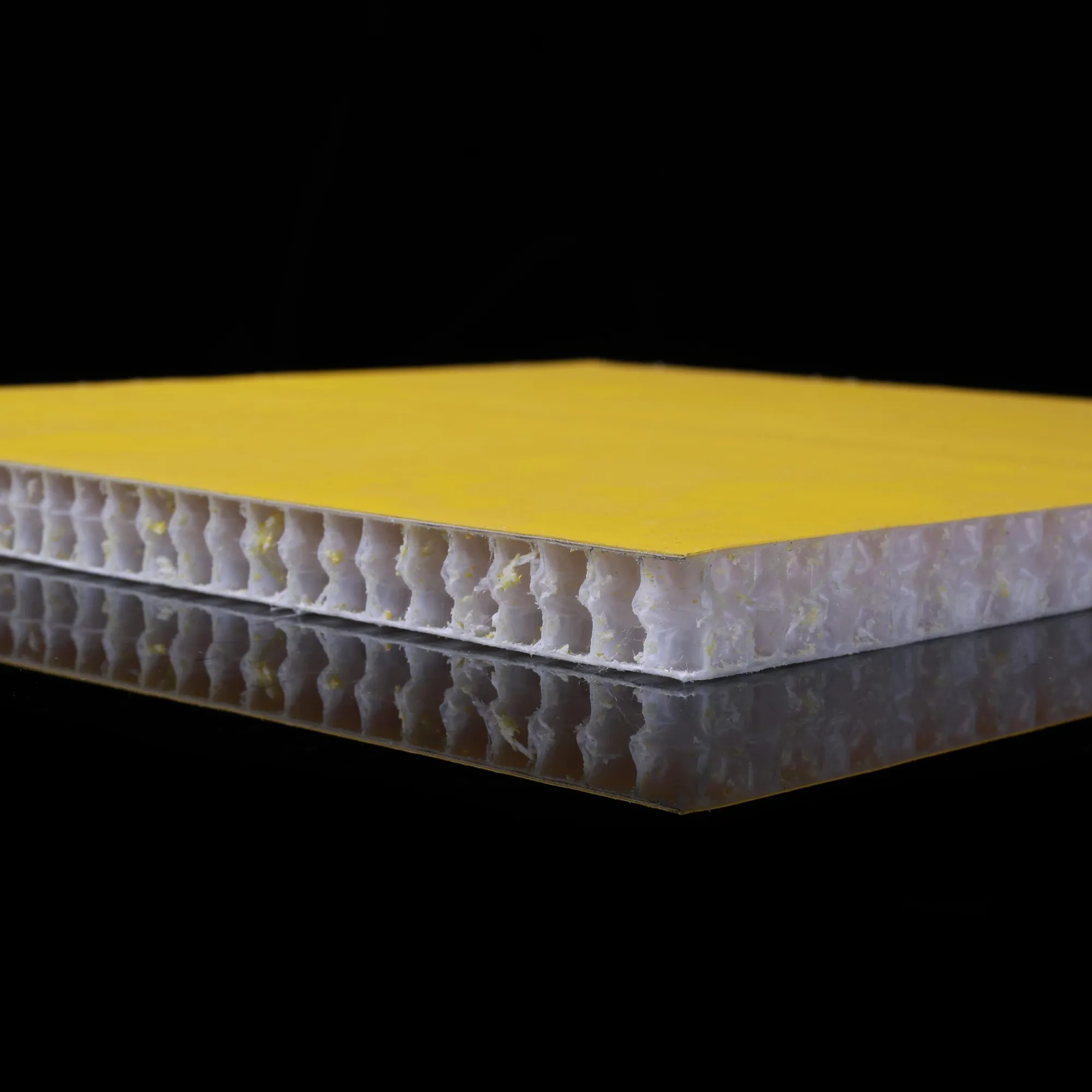 PP honeycomb panel with yellow skin layer, cross-section